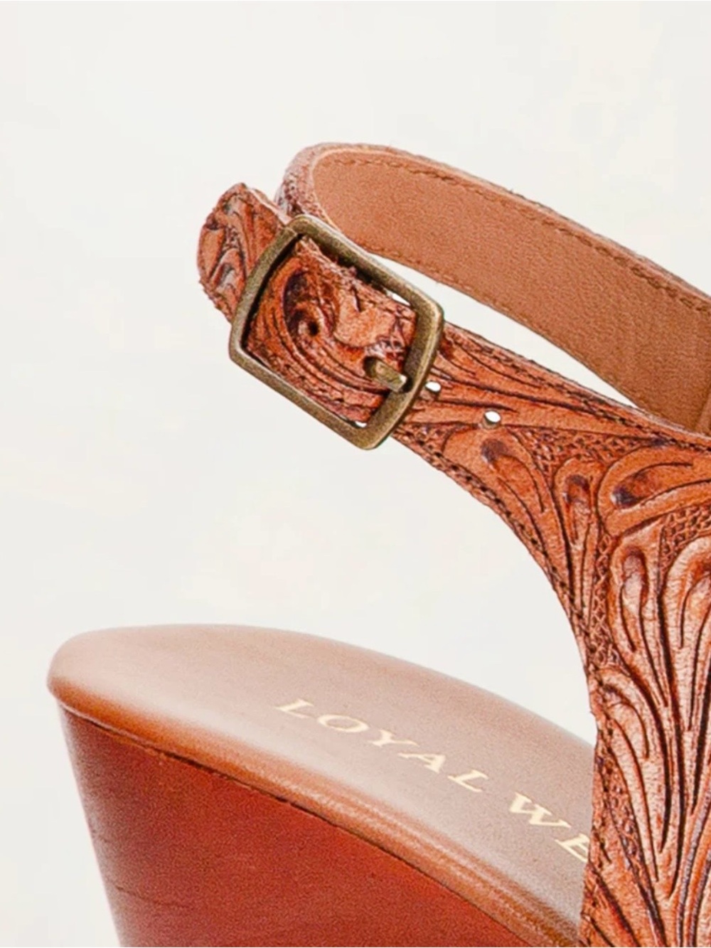 Myra Bag - Loyal West Line Amelia Hand Tooled Leather Wedge Sandals - Tan - Picture 4 of 7